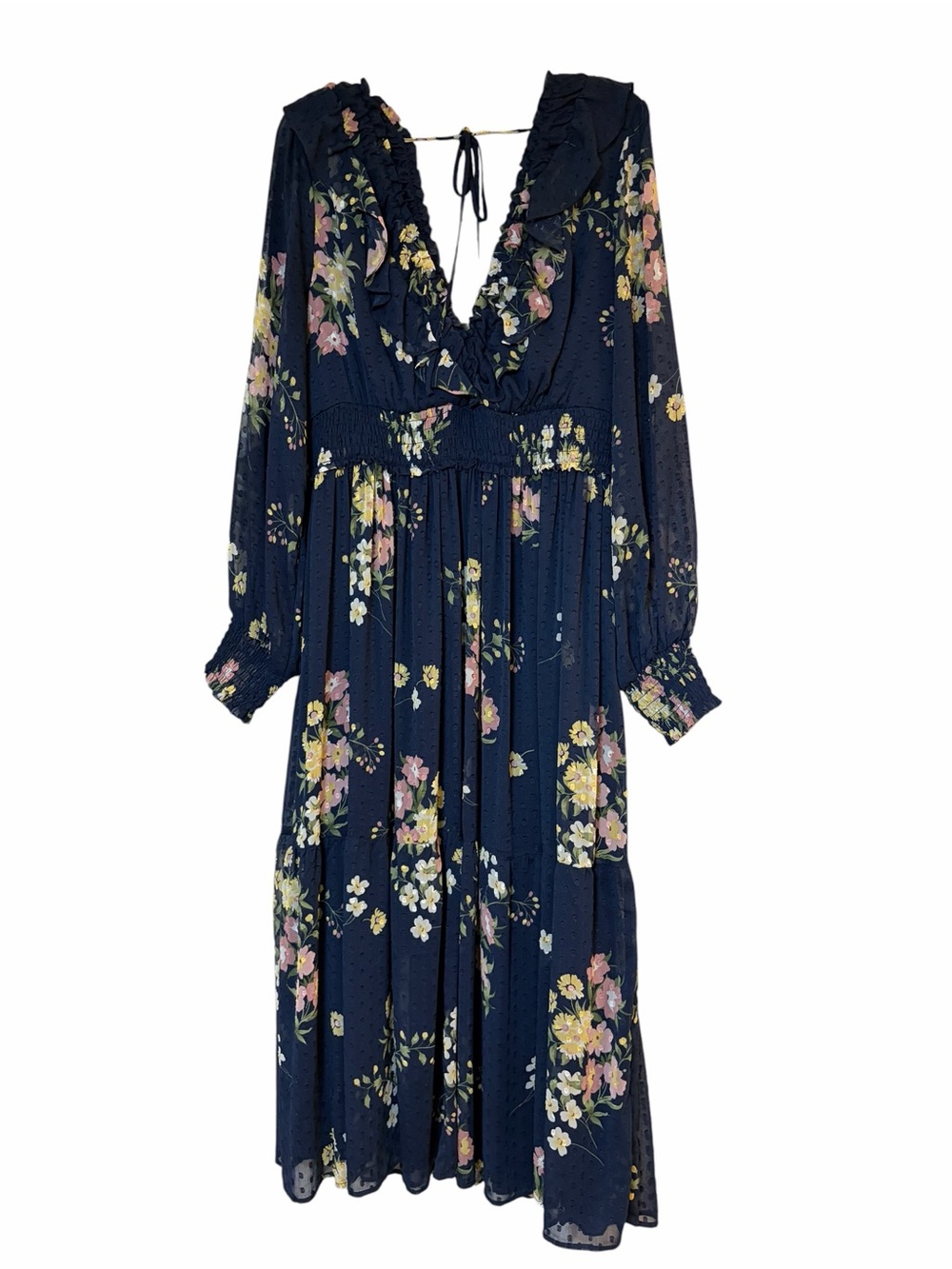 Navy Floral Long-Sleeve Ruffle Maxi Dress